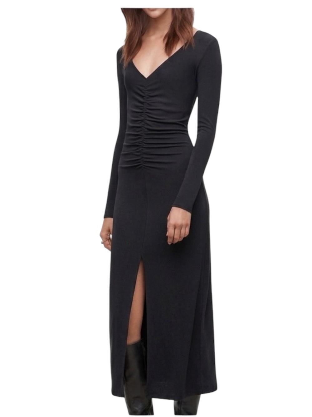 Wilfred Aveyron Black Long Sleeve Ruched Front Midi Dress Size Medium